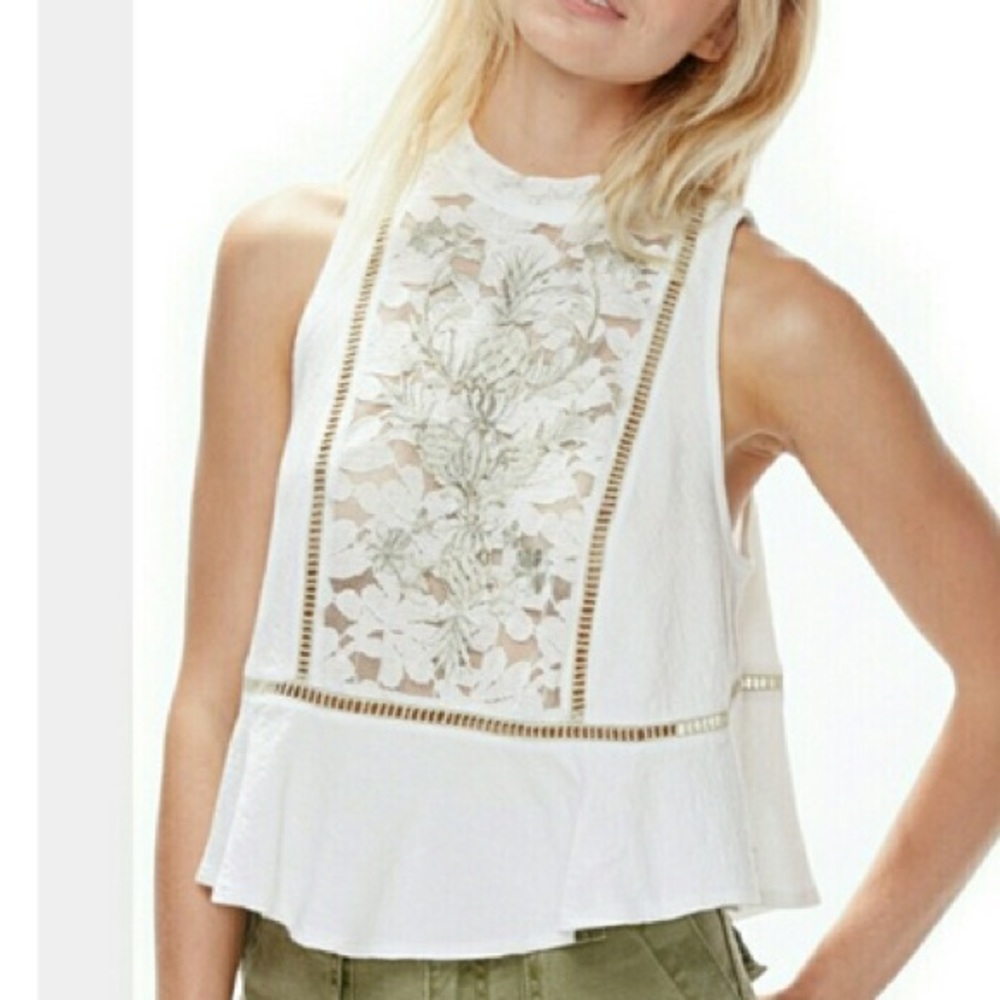 Free People Cream Gold Pineapple Sleeveless Cut Out Blouse Flora Top
